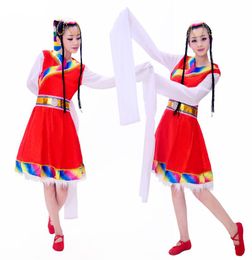 Multi Colour Tibetan Dance Costume Ethnic Clothing Elongated Sleeves Dress Chinese Folk Stage Wear