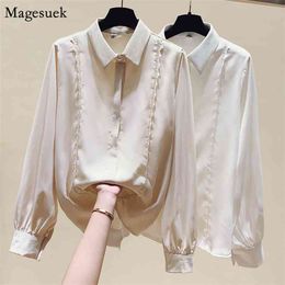 Long Sleeve Chiffon Shirt Blouse Women Lapel Button Lace Solid Female Shirts Tops Plus Size Loose Casual Femme 13013 210512