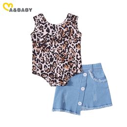 0-24M Summer born Infant Baby Girl Leopard Outfits Sleeveless Rompers Denim Skirts Costumes 210515
