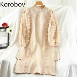 Korobov Korean Sweet Puff Sleeve Office Lady Dress New Elegant Lace Hollow Out Patchwork Dresses Autumn Winter Vestidos 210430