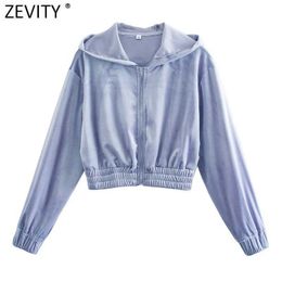 Zevity Women Fashion Graduated Colour Short Sweatshirts Female Basic Hem Elastic Zipper Slim Hoodies Chic Hooded Tops H525 210603