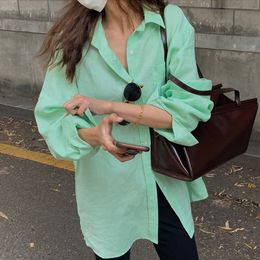 Spring Ladies Tops Lapel Single-breasted Loose Casual Long-sleeved Shirt Women Simple Plus Size Green Blouse 210510