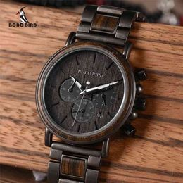 BOBO BIRD Wood Men Watch Relogio Masculino Top Brand Luxury Stylish Chronograph Military Watches Timepieces in Wooden Gift Box 210329