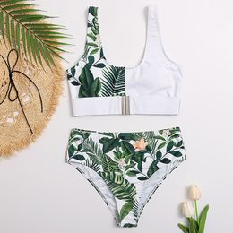 Sexy High Waist Women Swimsuit Bikini Push Up Set Print Buckle Bathing Suit Bandage Two Piece Swimwear Beach Wear 210520