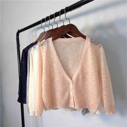 Korobov New Fashion Women Crop Cardigans Summer Thin Long Sleeve Sweaters Streetwear Sunscreen V Neck Sueter Mujer 210430