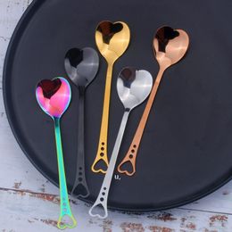 NEW Colourful Heart Shape Stainless Steel Coffee Spoon Dessert Sugar Stirring Spoon Ice Cream Yoghourt Honey Spoons Kitchen RRE12882