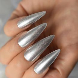 long sharp nails Canada - False Nails Extra Long Sharp Press On Stiletto Shimmer Silver Polished Fake Set Halloween Nail Manicure Makeup For Women
