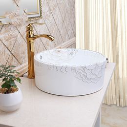 Художественная ручная роспись керамическая умывальник фарфоровой круглый умывальник ванная комната тонет пион узор белый