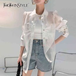 Casual Solid Ruched Shirt For Women Lapel Long Sleeve Straight Loose Blouses Female Summer Fashion Stylish 210524