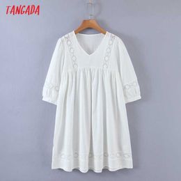 Tangada Summer Women French Style Lace Patchwork Cotton Dress Puff Short Sleeve Ladies Sundress RB21 210609