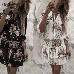 Free Spring Women's Printed Dress Elegant Round Neck Lantern Sleeve A-line Celebrity Club Party es 210524