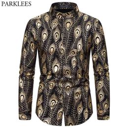 Golden Feather Print Nightclub Shirt Men Fashion Banded Collar Mens Dress Shirts Casual Party Prom Male Wedding Shirt 2XL 210522