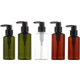 Empty Plastic Bottle Brown Green Clear Round Shoulder Black Collar With Card Buckle Black Lotion Pump Portable Refillable Cosmetic Packaging Container 100ml 150ml