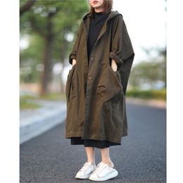 Autumn Arts Style Women Single Breasted Hooded Long Coat Big Pocket Loose Casual Solid Trench Coats Size S30 210512