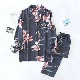 Spring and summer viscose ladies small fresh printed artificial cotton Pyjamas thin cool flowers long-sleeved home service suit 210809