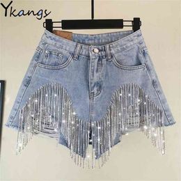 Women luxurious Tassel Fringed Hole Jeans Shorts Female High Waist Summer Fashion Designer Wide Leg Denim 210719