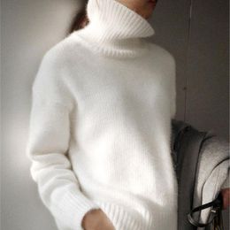 Women's Sweaters JSXDHK Arrival Autumn Winter Women Mohair Turtleneck Fashion White Mink Cashmere Thick Warm Soft Oversize Pullovers