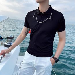 Chain Decoration POLO Shirts Men Short Sleeve Street Wear Men Clothes Casual Social Nightclub POLO Turn Down Collar Tee Tops 210527