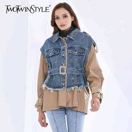 Patchwork PU Jackets For Women Lapel Long Sleeve Loose Hit Color Sashes Casual Denim Coats Female Autumn 210524