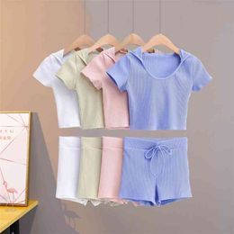 Women Casual Two piece sets Summer Women's Hooded Short-Sleeved T-shirt Tether Elastic Shorts Female womens tracksuit set 210508