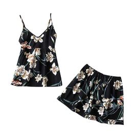 Sexy Shorts Sling Pyjamas Set Summer Women Sleepwear Lingerie Sleeveless Flower Pyjamas Casual Nightwear Pyjama Sets Femme Q0706