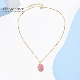 Pendant Necklaces CHANGE BETTER Natural Pink Stone Oval Stainless Steel Necklace Women Temperament Red Wood Grain Vintage