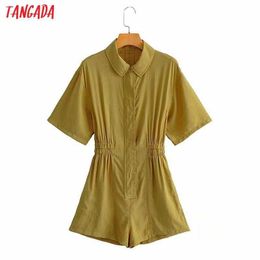 Tangada Summer Women Solid Playsuits Turn Down Collar Elastic Waist Short Sleeve Rompers Ladies Casual Chic Jumpsuits YI17 210609