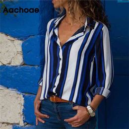 Aachoae Chiffon Blouse Women Long Sleeve Striped Shirt Turn Down Collar Office Shirt Casual Tops Blusas Femininas Plus Size 210323