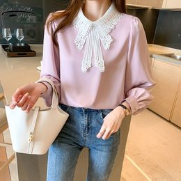 Spring and Autumn Elegant Women's Shirt Lace Collar Long Sleeve Chiffon Blouse Office Lady Style Blusas Mujer 13110 210427