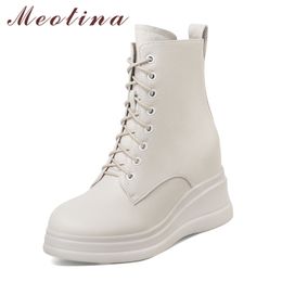 Meotina Women Short Boots Shoes Real Leather Platform High Heel Ankle Boots Zip Lace Up Wedge Heels Lady Boots Autumn Winter 40 210520