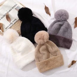 CNTANG Women's Warm Double layer Lining Hat Faux Rabbit Fur Pompom Beanies Fashion Winter Fabric lamb Cap Casual Girls Hats 211229