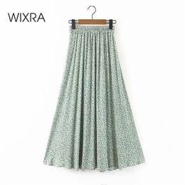 Wixra Spring Summer A Line Skirts Elegant High Waist Floral Print Mid-Calf Green Pink Black Bottom For Lady 210621