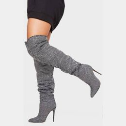 New Women Knee High Boots Thin Heel Shine Winter High Heel Boots Ladues Sexy Club Party Boot Woman Footwear Size 36-42
