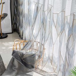 Grey Gold Geometric Tulle Curtain for Bedroom Nordic Embroidered Delicate Translucent Balcony Window Treatment Tenda zh055C 210712