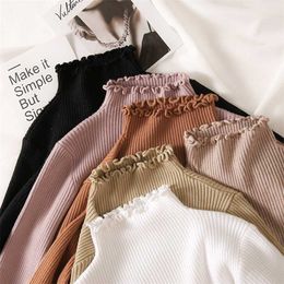 Turtleneck Ruched Women Sweater High Elastic Solid Fall Winter Fashion Sweater Women Slim Sexy Knitted Pullovers Pink White 211217