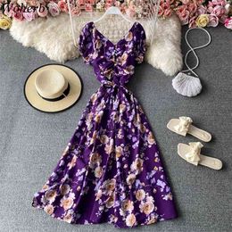 Sexy Dress Floral Print V Neck Pleated Summer Beach Maxi Dresses for Women A-line Long Bandage Robe Vestidos 210519
