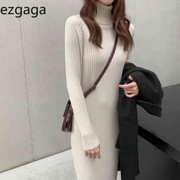 Ezgaga Turtleneck Sweater Dress Office Lady Elegant Autumn Winter Fashion Warm Solid Stretch Knit Dress Women Base Vestidos 210430