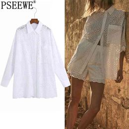 White Long Women Shirt Cutwork Embroidery Oversize s Woman Sleeve Summer Blouse Female Vintage 210519