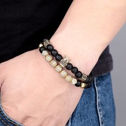 Luxury Design Cool Men Jewelry Ball Beads Strands Micro Pave Crown Charm Bracelet for Gift 2pcs/set