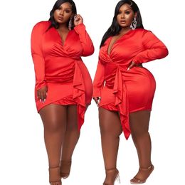 Ladies Dresses Plus Size Clothing V Neck Transparent Sexy Long Sleeve Party Night Club Robe Satin Dress Wholesale Dropshipping 210319