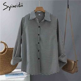 Syiwidii Houndstooth Shirts Women Tops Korean Fashion Long Sleeve Button Up Plaid Turn-down Collar Casual Blouses Cotton 210323