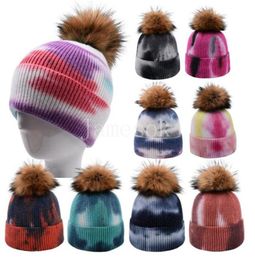 Party HatsTie-dye hats ball wools caps Autumn/winter ladies knit hat fashion outdoor street winter warm cap dd454