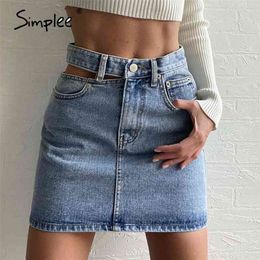 Hollow washed denim skirt woman High waist asymmetric button short skirt female Fashionable streetwear summer skirts 210708