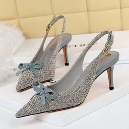 2021 Summer Elegant Women Blue 7cm High Heels Prom Sandals Yellow Stiletto Heels Bowknot Slingback Sandals Female Party Shoes Y0721