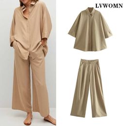 LVWOMN 2 Piece Set Women Za Summer Loose Casual Blouses Top And High Waist Pants Office Lady Chic Work Clothes 210930