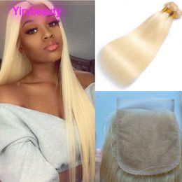 Brazilian Human Hair 3 Bundles With 5X5 Lace Closure 613# Colour 12-30inch Free Middle Three Part 4PCS/lot Blonde Silky Straight