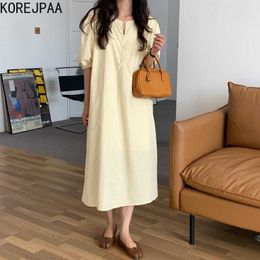 Korejpaa Women Dress Summer Korean Chic Ladies French Simple Round Neck Single-Breasted Solid Colour Puff Sleeve Vestidos 210526