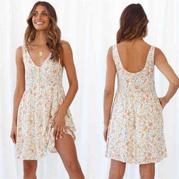 Casual Loose V Neck Boho Floral Sleeveless Dresses For Women Summer Sexy Sling Halter Button Decorative Printed Dress Femme 210517