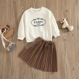 Girls Clothing Set Letter Top+Leather Skirt Outfits Fall Kids Boutique Clothes 1-5T Children Cotton Long Sleeves Suit Casual Sweet