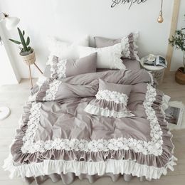 3/4 pcs Bedding Set Queen Size 100%Cotton Korean Style Lace Bed Skirt Pure Cotton Bed Linen King Size housse de couette Bed Set 210319